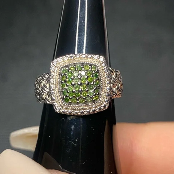 White and velvet green pave diamond ring set in .925 silver 
Maker mark JS - Picture 3 of 8